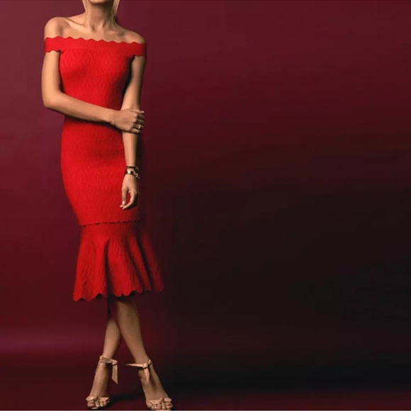 Jonathan Simkhai Red  Knit Off The Shoulder Diamond Print Jacquard Mermaid Dress - Picture 1 of 8
